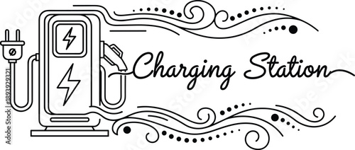 Electric vehicle charging station decorative line art vector for branding