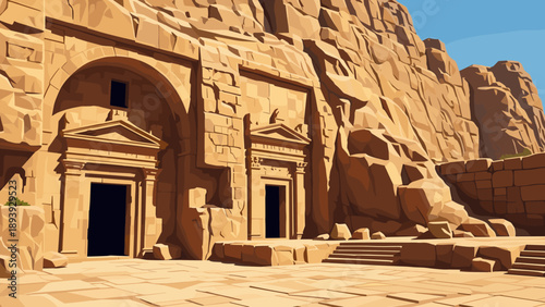 Ancient rock-cut architecture at petra in desert landscape