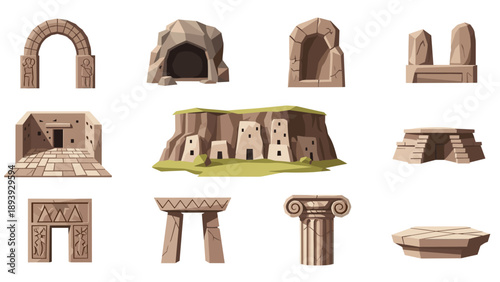 Ancient architectural elements collection featuring arches, columns, and carved stone structures in flat style