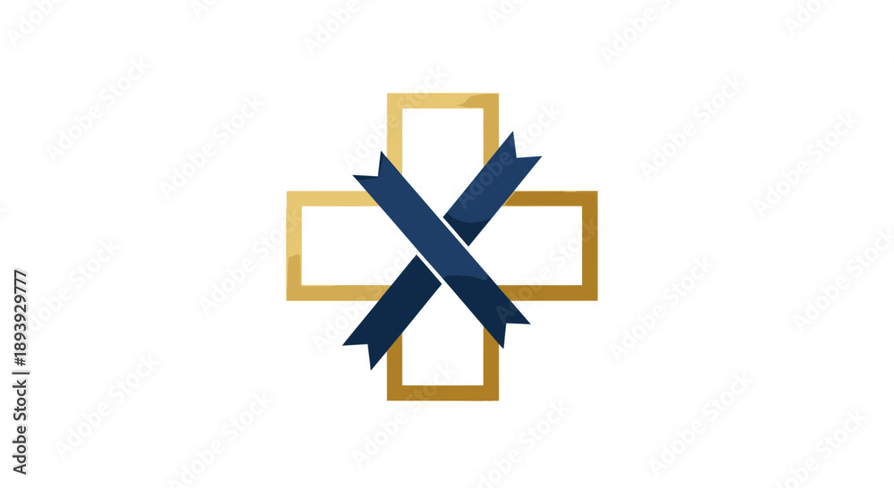 Obraz premium Cross symbol with intersecting blue ribbons and gold outline.