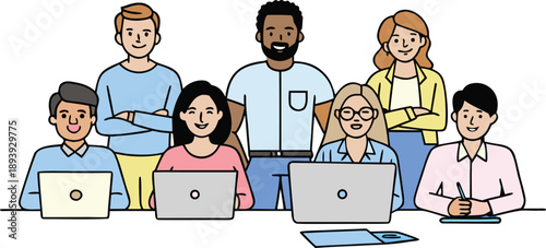 A diverse group of business professionals collaborating in an office setting illustration isolated on transparent background, Vector