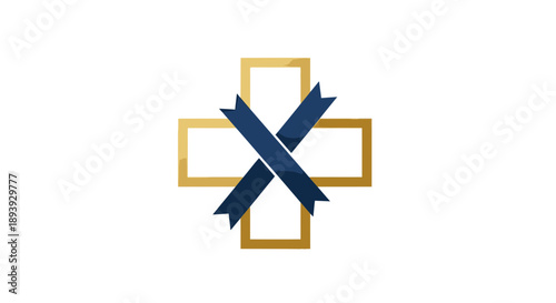 Cross symbol with intersecting blue ribbons and gold outline.
