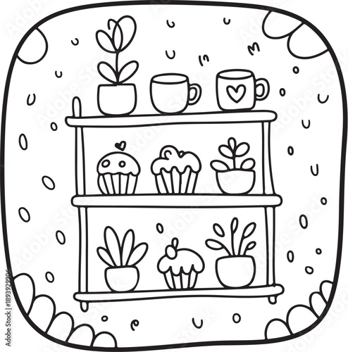 Cute kitchen shelf with plants and desserts doodle coloring page vector illustration