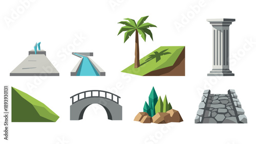 Ancient structures and landscapes collection with palm trees and bridges