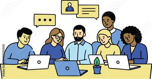 A diverse team collaborating and communicating during a business meeting or work session isolated on transparent background, Vector