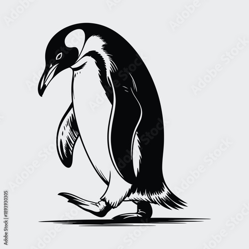 A striking black and white illustration depicts a single emperor penguin in mid stride showcasing its elegant form and distinctive features high-quality.