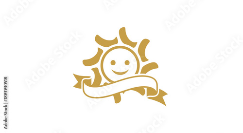 Simple golden sun icon with smiling face and ribbon banner.