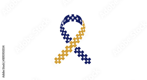 Blue and yellow puzzle ribbon symbolizing awareness and support.