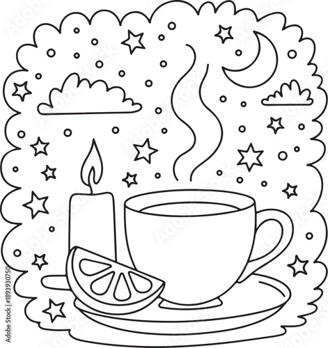 Coffee cup with steam and lemon slice coloring page vector illustration flat design