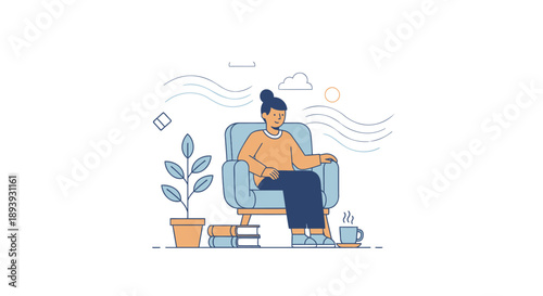 Woman relaxing in armchair with coffee and books in a peaceful environment surrounded by plants