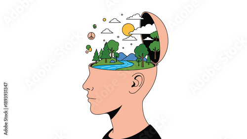 Symbolic illustration of a human head opening to reveal a serene forest landscape with a river and trees, representing a calm mind.