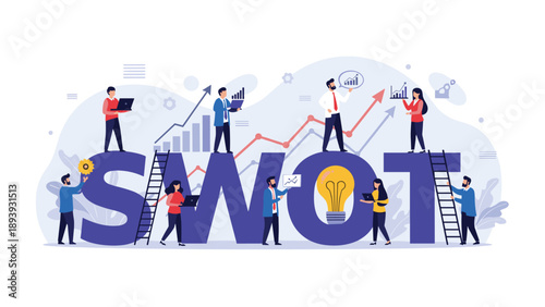SWOT analysis concept with diverse characters interacting with letters representing strengths, weaknesses, and more.
