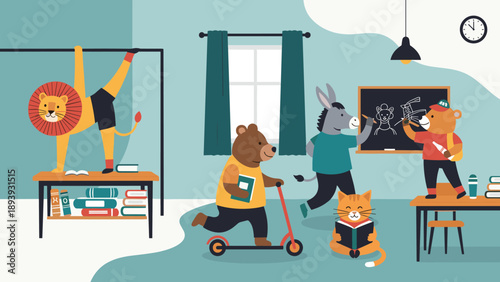 Whimsical school classroom illustration with animal characters playing roles of students and teachers in class.