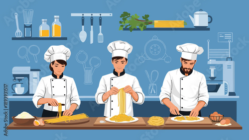 Team of professional chefs in a commercial kitchen meticulously preparing fresh pasta for restaurant service.