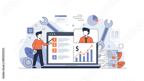 Technical support and remote education concept with characters interacting with various data and tools on a laptop.
