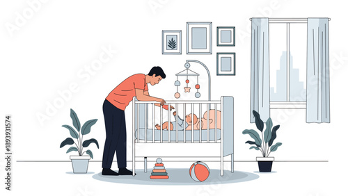 New father standing over a baby crib in a modern nursery room with green plants and wall frames in background.