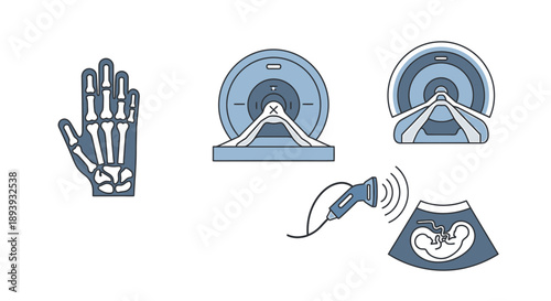 Medical Imaging Icons: MRI, Ultrasound, X-ray Hand Scan, Fetus Scan