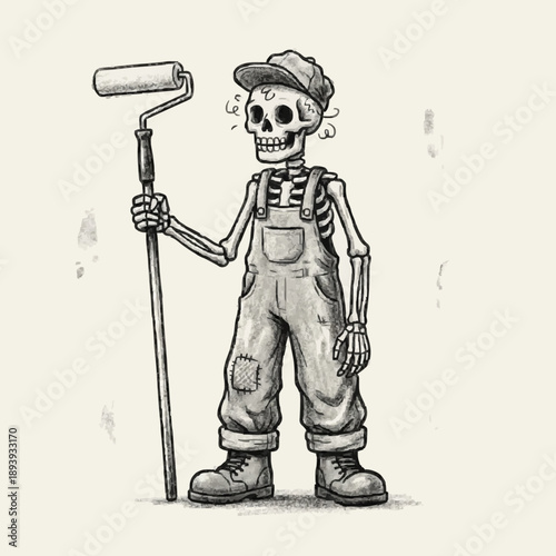 Humorous illustration of a sweating skeleton painter holding a roller, symbolizing the grind of hard work