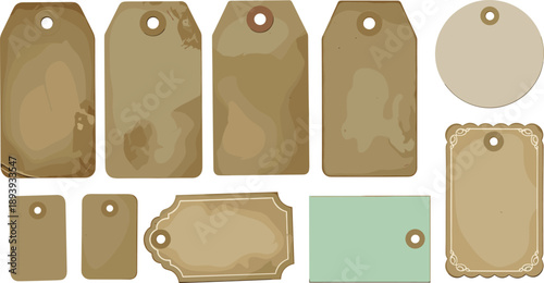 Vintage kraft paper tag collection with various blank label shapes, decorative gift tag templates, retro packaging tags, rustic printable label designs