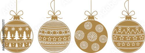 Collection of four elegant gold Christmas bauble ornaments with intricate festive patterns including snowflakes stars and winter trees, vector
