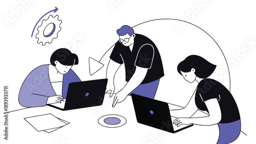 Team members collaborating on laptops with guidance in a meeting setting isolated on transparent background, Vector