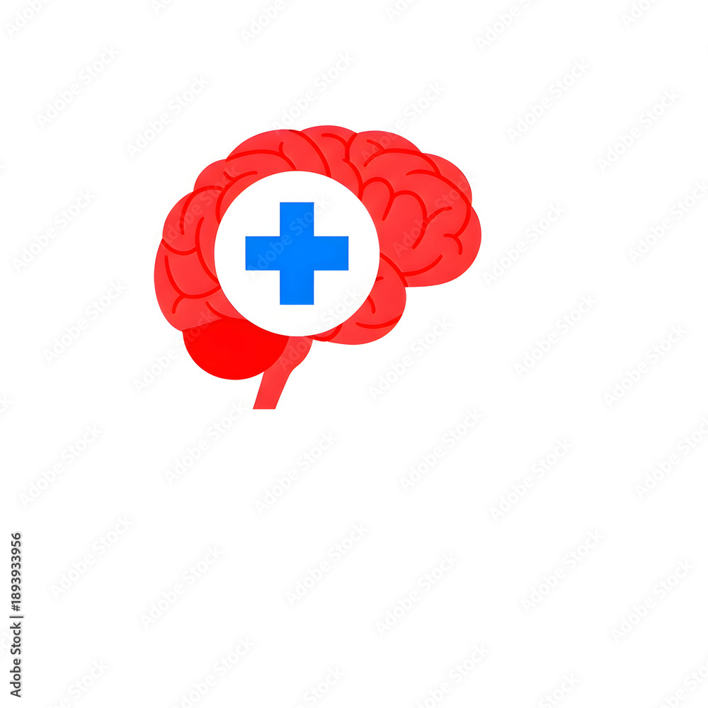 Obraz premium Silhouette of a Human Head with a Red Brain and a Blue Medical Cross Symbol Keywords: human head silhouette, red brain, medical cross, healthcare symbol, health concept