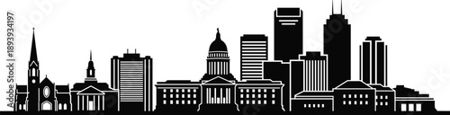 Modern city skyline silhouette vector illustration, urban architecture, downtown buildings, business district, minimal black cityscape design for branding, web, print