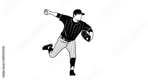 Powerful male baseball pitcher silhouette throwing a fastball with focus, isolated white background.