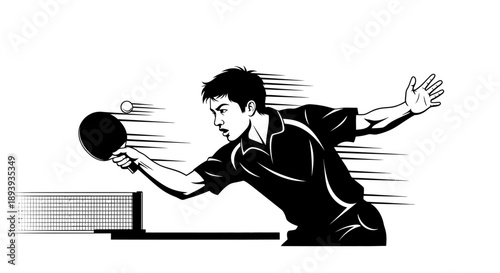 Dynamic male table tennis player silhouette hitting a ball over the net, isolated white background.