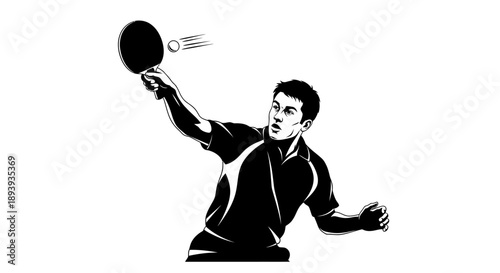 Focused male table tennis player silhouette hitting a ball with a paddle, isolated white background.