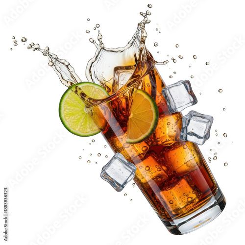 A refreshing cola beverage with ice and lime slices dramatically splashing from a glass on transparent background