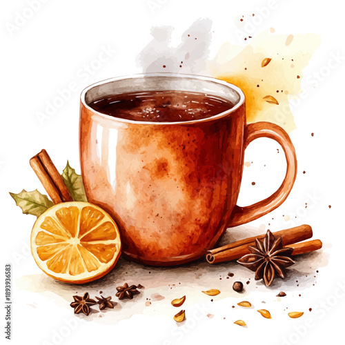 A Steaming Mug Of Mulled Wine With Spices, vibrant watercolor vector, isolated on a white background, high quality and detailed design.