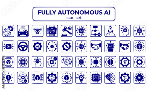 Fully Autonomous AI Independent Self-Operating Unsupervised Intelligence Automated Complete Automation Self-Governing Technology Vector Icon Set - Complete Autonomy