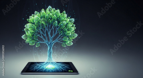 A futuristic glowing tree grows out of a tablet screen on a dark background with blue light emanating from the device