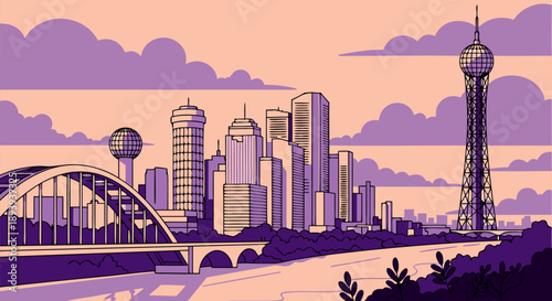 Dynamic urban cityscape vector illustration at dusk, showcasing a modern city skyline with tall buildings, a flowing river, and an elegant bridge