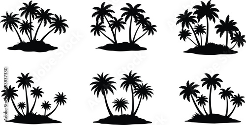 Tropical island silhouettes with palm trees, black vector icons, exotic beach graphics, summer vacation design, nature clipart, travel illustration