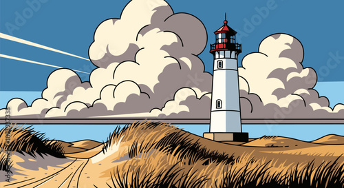 Vivid vector illustration of a scenic coastal lighthouse on sandy dunes under a dramatic sky with fluffy clouds, perfect for travel and nature themes, available as a high-quality EPS