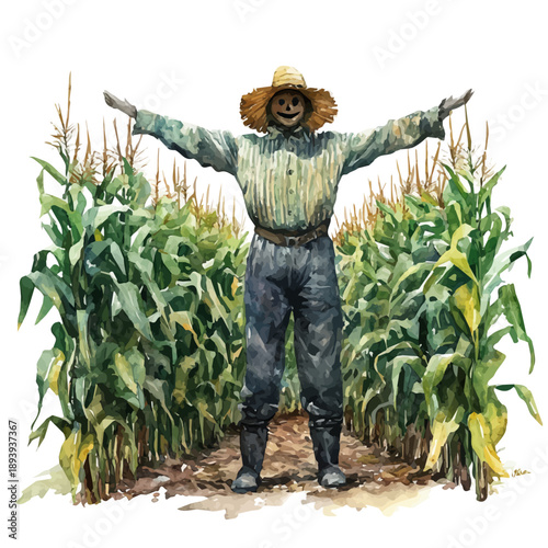 watercolor graphic of A Scarecrow Standing Tall In A Cornfield illustration, isolated on a white background.