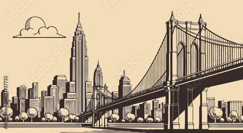 Detailed city skyline vector illustration depicting an iconic suspension bridge and towering urban architecture, a vintage graphic of a bustling metropolis