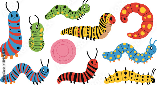 Large collection of colorful caterpillar vector illustrations featuring various patterns stripes and spots isolated on white background for kids nursery and nature garden design projects