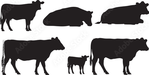 Black silhouettes of cows in various poses cattle white background 1