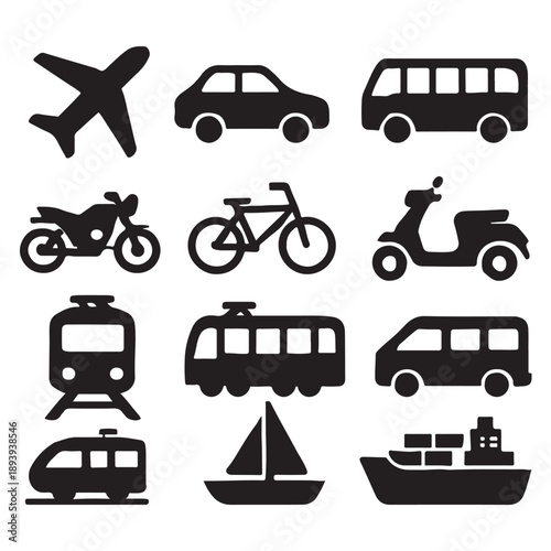 Transport icon set, vehicle icons containing car, bike, plane, train, bicycle, motorbike, bus vector silhouette 