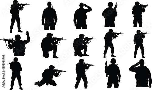 Military soldier silhouette collection, tactical infantry army personnel vector illustrations, special forces operatives in combat poses for war games and patriotic design projects, isolated on white.