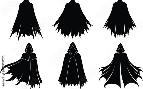 Mysterious hooded cloak silhouette collection featuring tattered capes, wizard robes, and dark fantasy character mantles for RPG gaming, Halloween, and cinematic concept art.