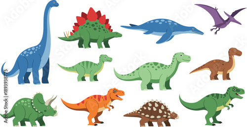 Large set of cute dinosaur vector illustrations featuring Tyranno Brachiosaurus and Pterodactyl isolated on white background for kids education