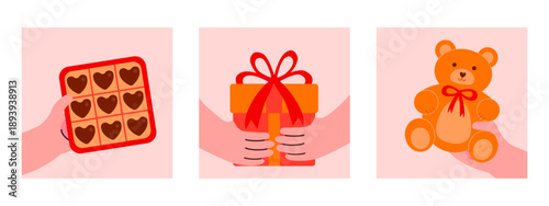 A collection of love-themed illustrations depicting hands holding a box of chocolates, a gift box, and a teddy bear. Perfect elements for Valentine’s Day designs, love graphics, and greeting cards.