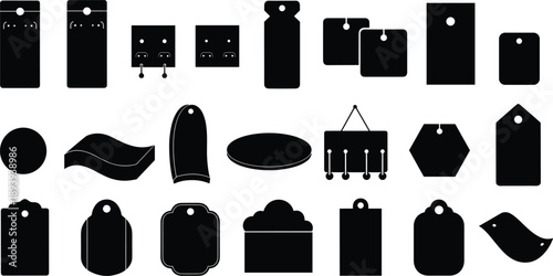 Retail price tag silhouette set featuring various hanging labels, blank gift tags, sale stickers, and cardboard coupons for e-commerce branding and promotional marketing.