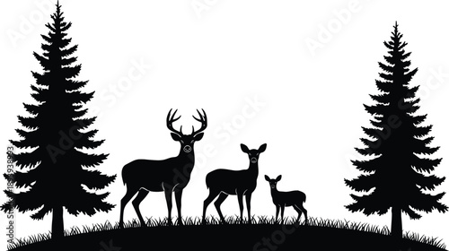 Scenic black vector silhouette of a deer family with buck and doe standing in a pine forest meadow for nature and wilderness design.