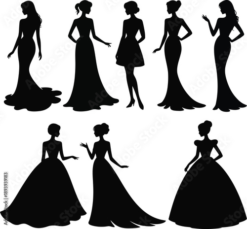 Elegant women silhouettes in various formal dresses and poses