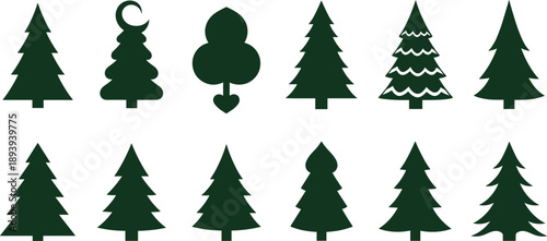 Set of dark green pine tree silhouettes in various shapes, evergreen forest conifer vector illustration, nature icons isolated on white background for design.